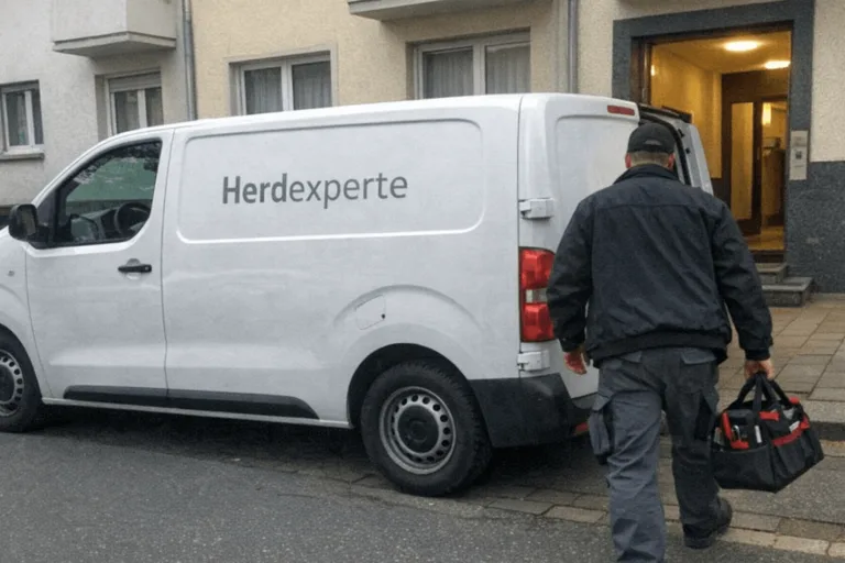 Herdexperte-Servicefahrzeug beim Herdanschluss-Termin in einer Straße in Berlin-Reinickendorf.