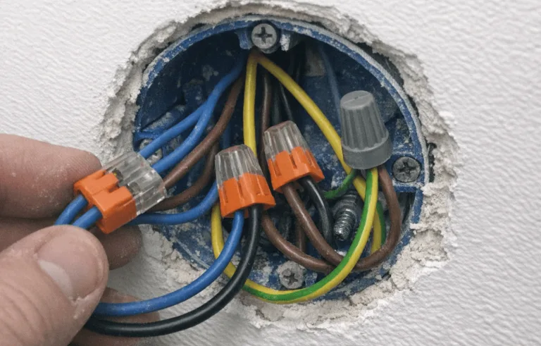 Geöffnete, spannungsfreie Herdanschlussdose mit sichtbarer Verdrahtung und leichten Brandspuren bei der Diagnose im Wohnhaus.
