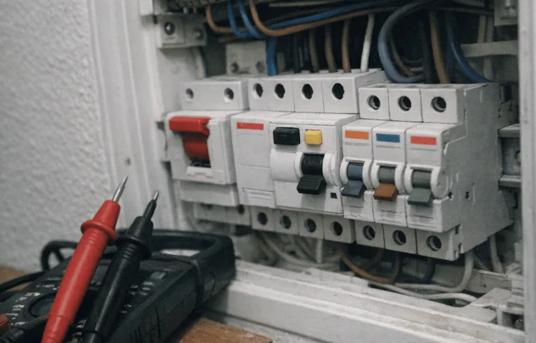 Elektriker misst Herdanschlussdose in der Küche vor der Installation.