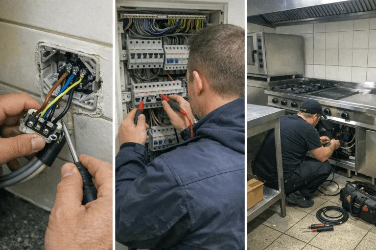 Elektriker in Berlin: Herdanschluss, geöffneter Sicherungskasten und Installation in einer Gewerbeküche.
