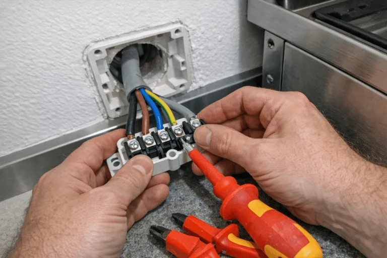 Elektriker in Berlin: Herdanschluss, geöffneter Sicherungskasten und Installation in einer Gewerbeküche.