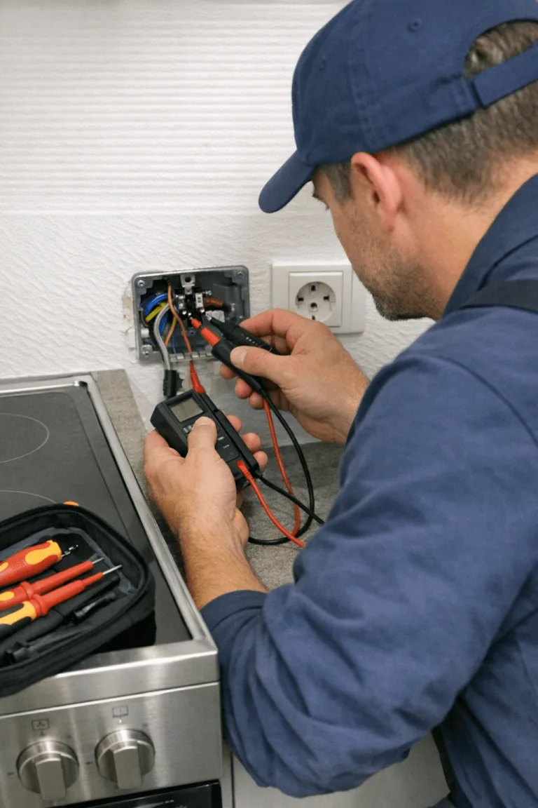 Elektriker prüft mit Messgerät den Herdanschluss in einer Wohnküche.