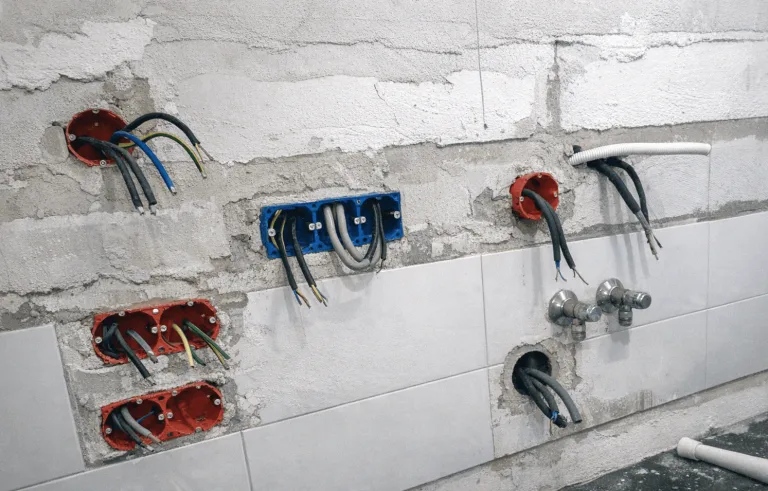 Neu installierte, unbenutzte Küchenzeile in Wohnung, Herdanschluss vorbereitet, Steckdosen gesetzt, vor Erstnutzung.