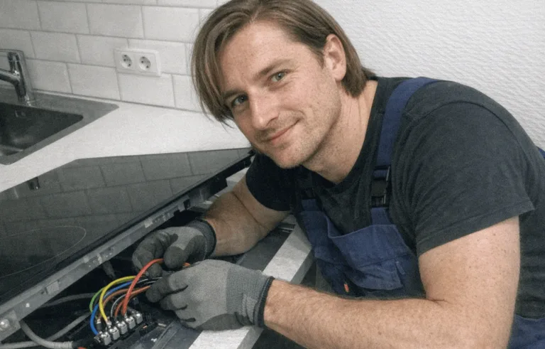 Nahaufnahme eines modernen flachen Induktionskochfeldes vor dem fachgerechten elektrischen Anschluss