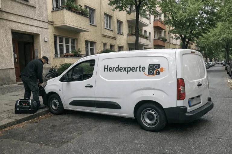 Herdexperte-Servicefahrzeug beim Herdanschluss-Termin in einer Straße in Berlin-Friedrichshain-Kreuzberg.